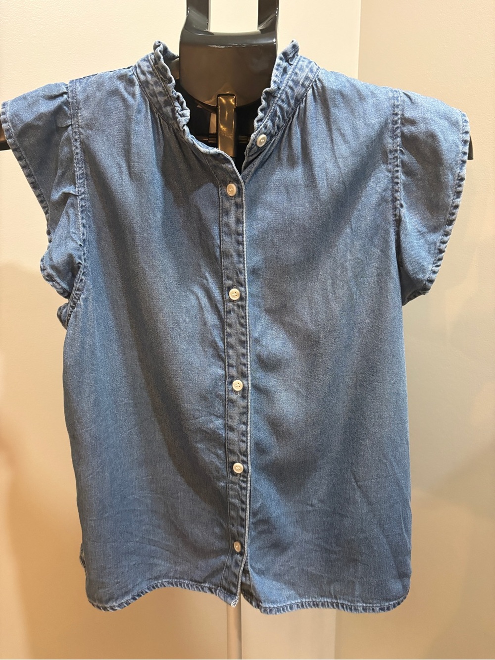 H&M Light Blue Denim Ruffle Collar Button-Front Top